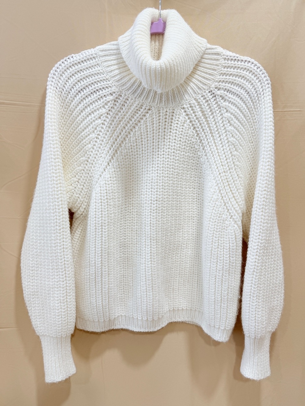 Wool Happen Ivory Chunky Knit Turtleneck Sweater Balloon Sleeve Size Small